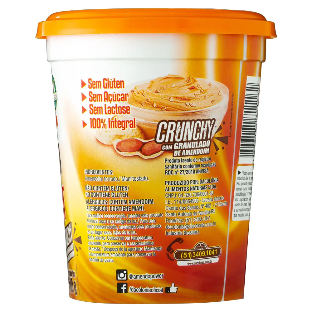 Pasta de Amendoim Crunchy Integral Zero Lactose Amendo Power DaColônia 500g